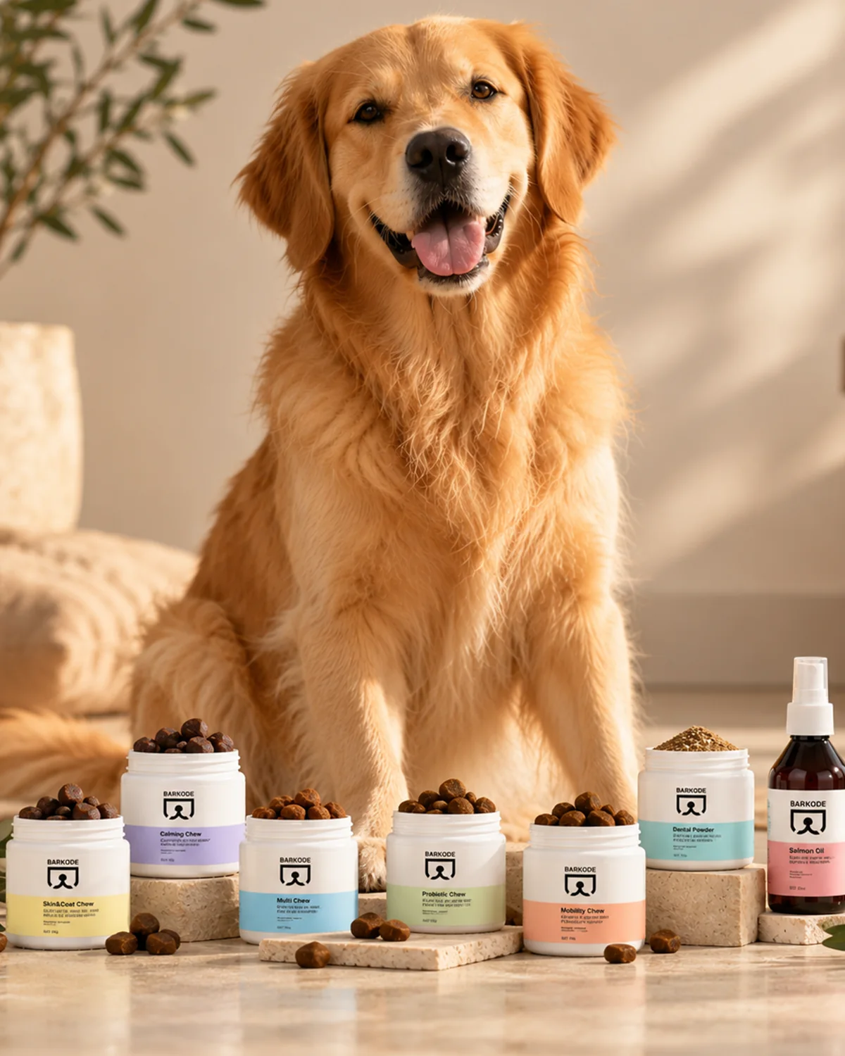 Golden retriever așezat în spatele întregii game de borcane Barkode
