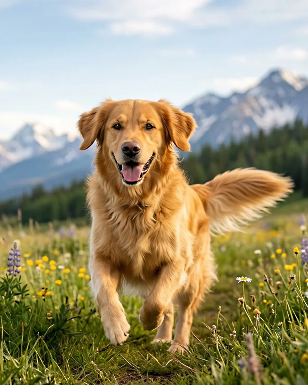 Golden retriever alergând fericit pe o pajiște montană